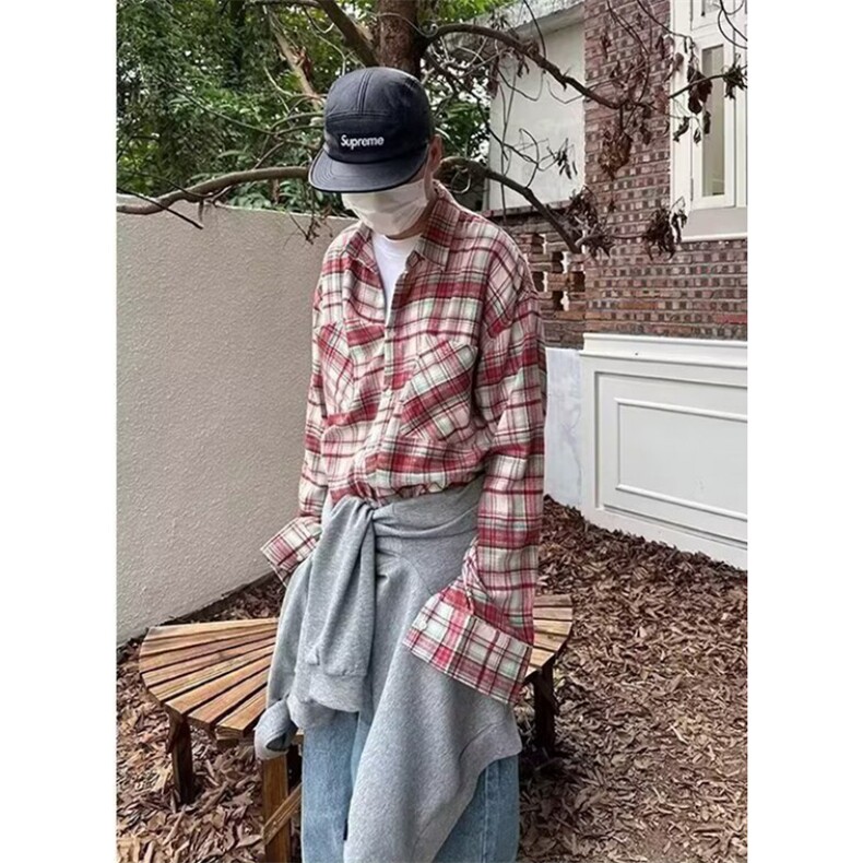 春秋季长袖格子衬衫男款复古宽松格纹外套百搭男生衬衣CS52,男装衬衫,星座1116A（原606A-3）