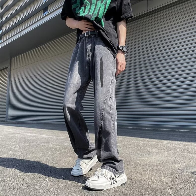街头宽松黄泥牛仔裤男女做旧水洗撞色分割高街破洞直筒裤子潮,男装牛仔裤,星座716-4