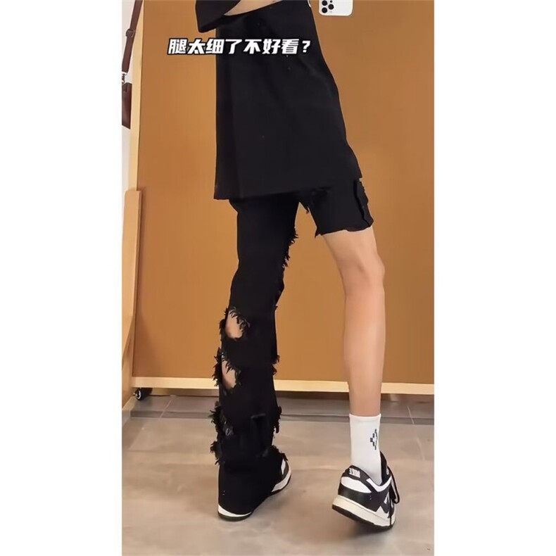 2026新复古破洞微喇叭黑色牛仔裤vibe高街直筒长裤K60436-P38网图图片