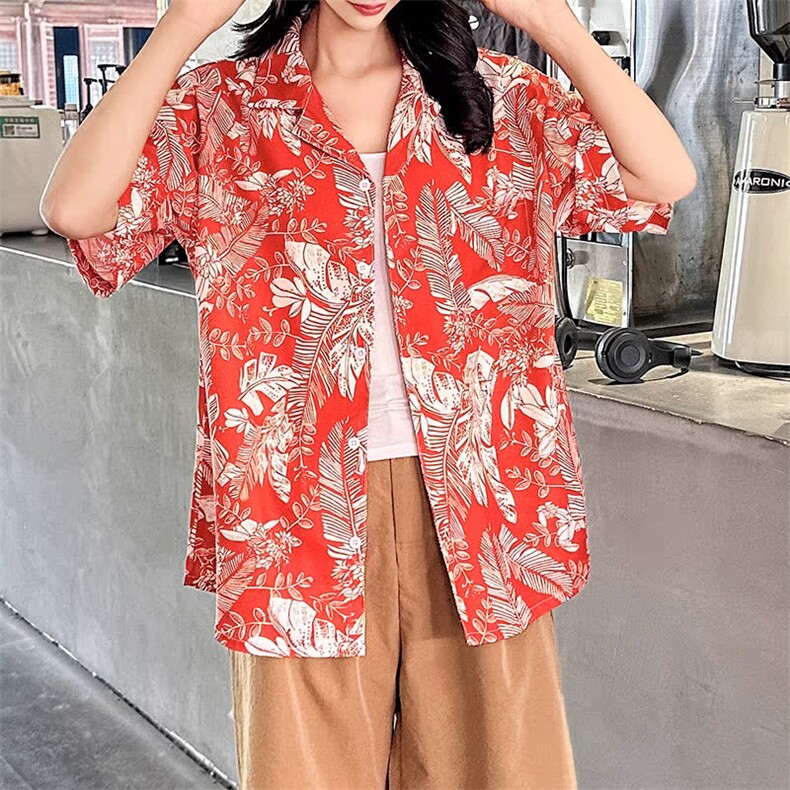 泰式古巴领碎花短袖衬衫男女宽松复古夏威夷沙滩度假情侣沙滩衬衣,男装T恤,星座506A