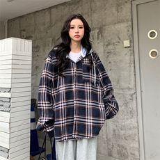D305-P60复古港风休闲格子衬衫男女慵懒情侣连帽外套春秋，男装衬衫，星座911