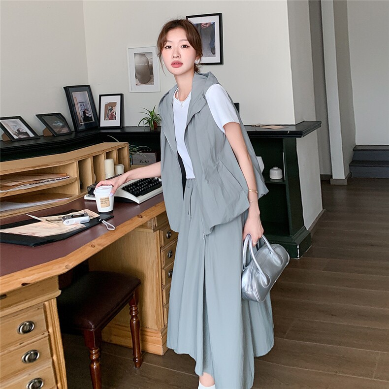 韩版休闲三件套装女夏季2025新款时尚连帽马甲不规则半身裙套装裙,女装套装/套裙,辉之琳