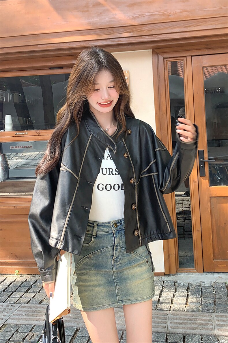 美拉德皮衣外套女小个子2024秋季新款美式复古棕色立领短款皮夹克,女装皮衣,纯色衣恋