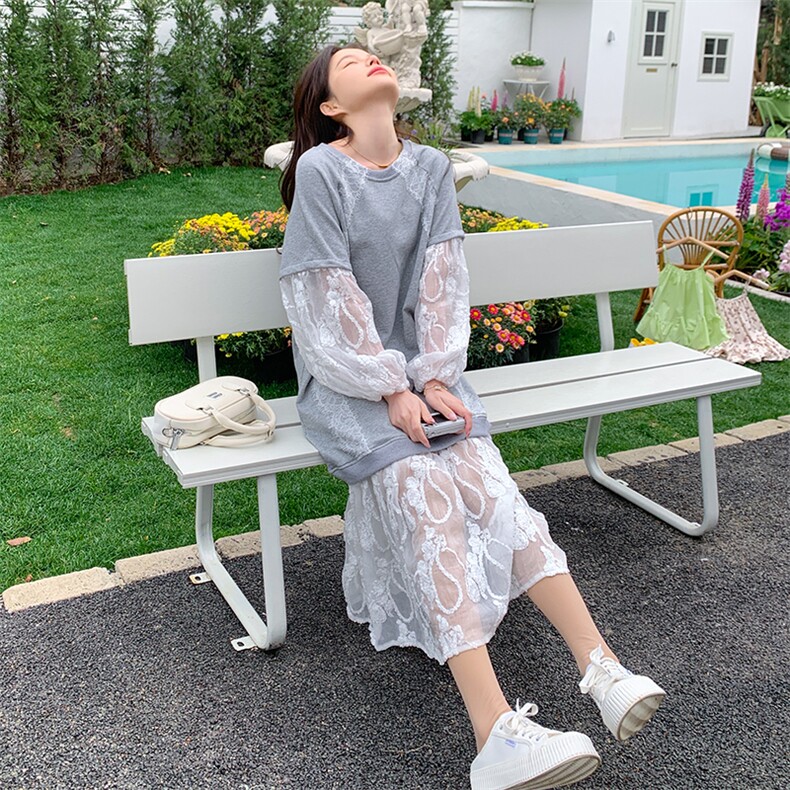灰色蕾丝拼接假两件连衣裙女2025春季新款设计感超好看宽松卫衣裙,女装连衣裙,2C122