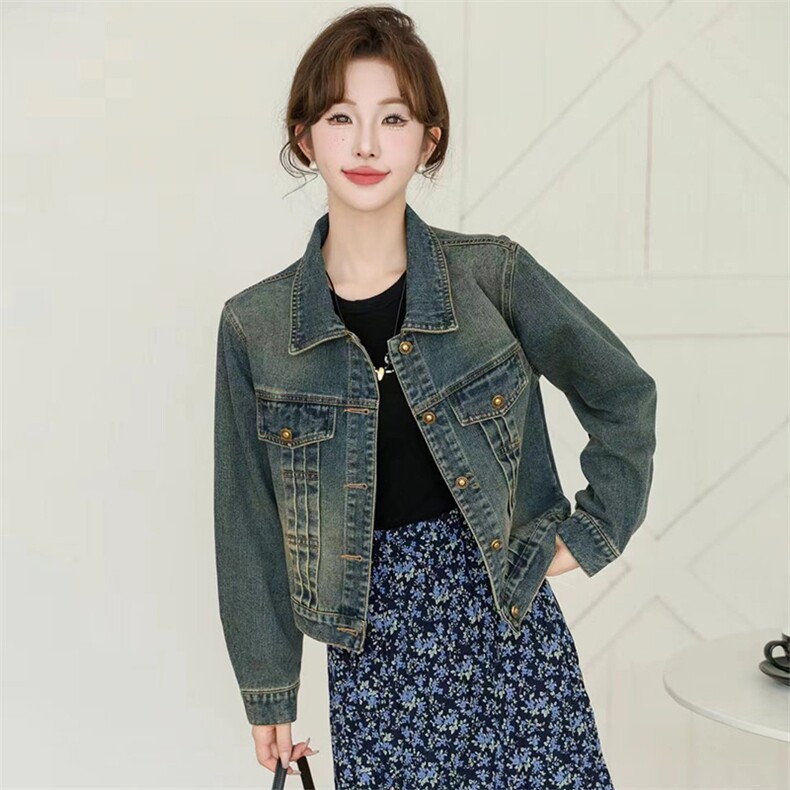 现货手工抹旧工艺复古小版型牛仔外套慵懒风宽松设计感上衣女，女装牛仔外套，江南女神