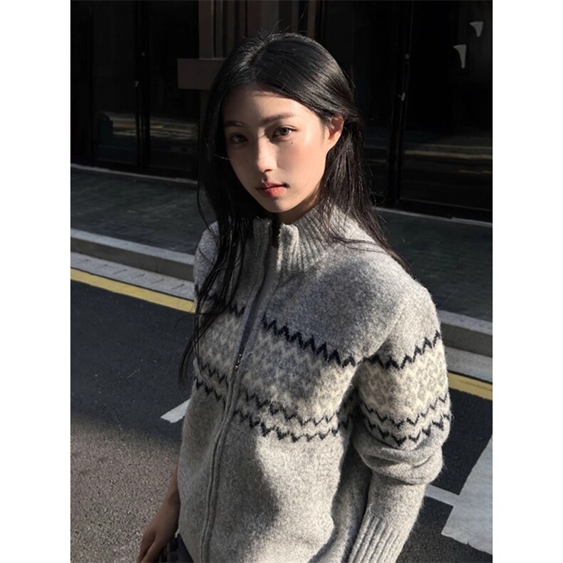 费尔岛针织开衫女早秋穿搭半高领毛衣拉链外套宽松慵懒风软糯上衣,男装针织衫/毛衣,星座506A