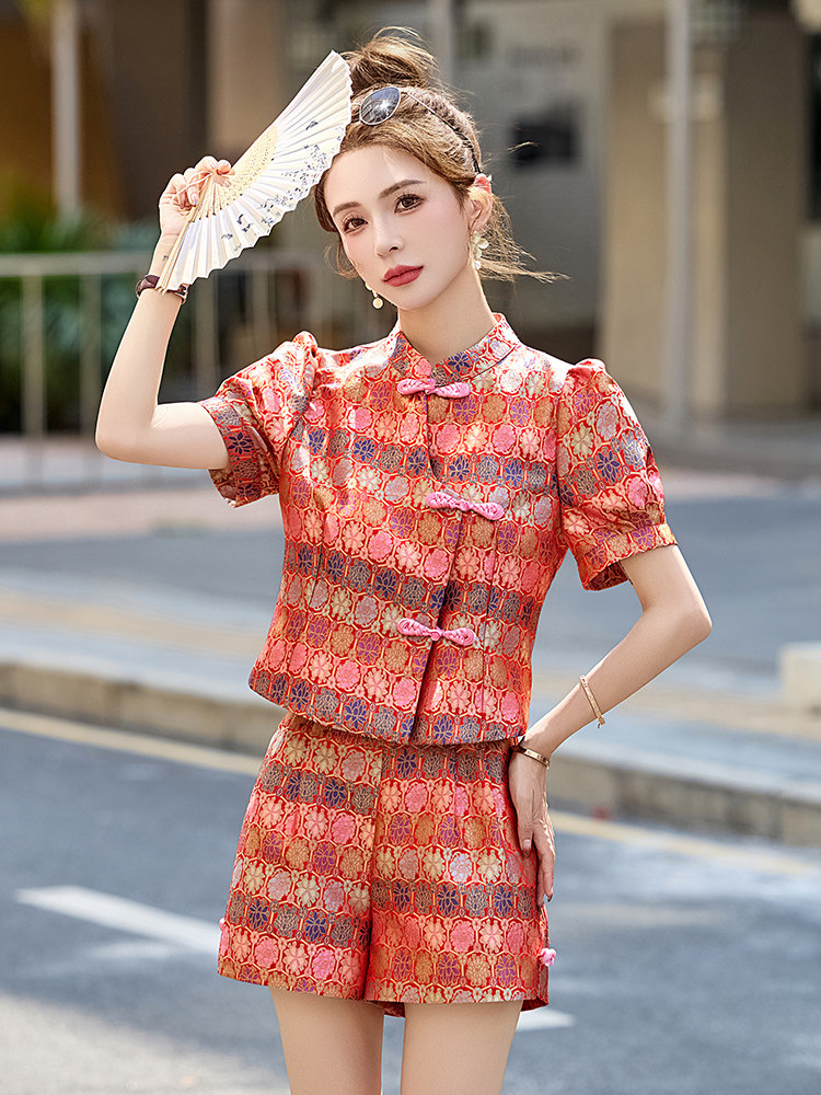 新中式国风盘扣短裤套装女2025夏季新款小个子独特别致好看两件套,女装套装/套裙,韩宇舍