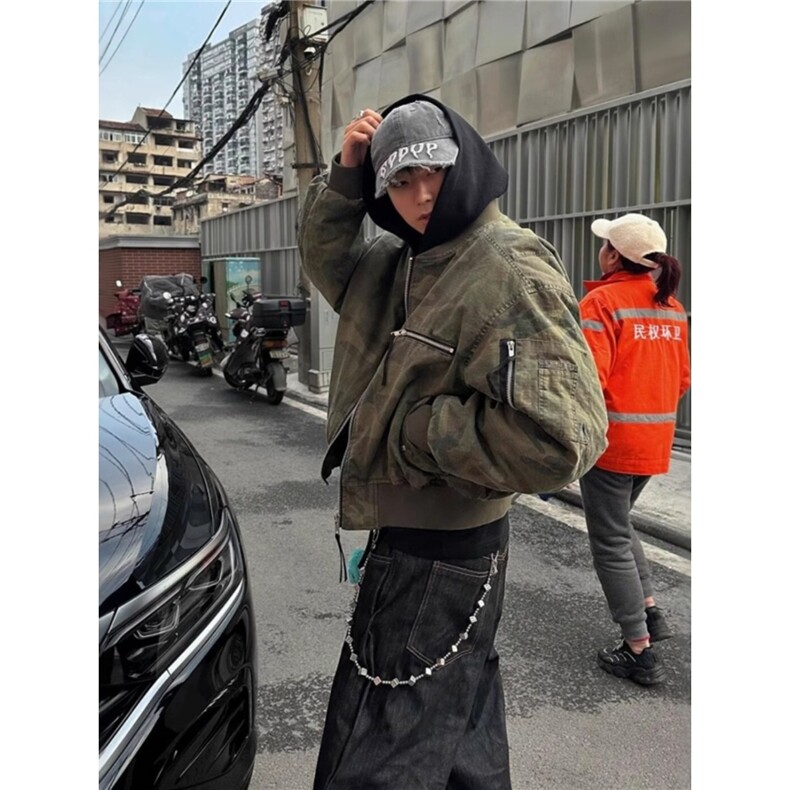 美式复古迷彩假两件bomber飞行夹克男秋冬高街短款连帽棒球服外套,男装夹克,星座506A