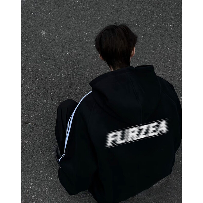 抖音得物品质480克全棉加绒织带连帽印花卫衣三条杠针织卫衣A0412图片