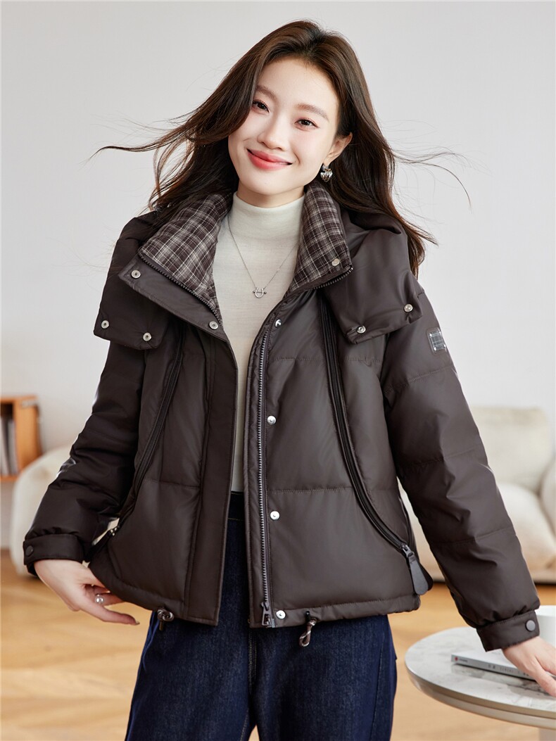 现货！免洗PU皮羽绒服女2025冬季新款小个子时尚格子拼接外套,女装羽绒服,沐七七