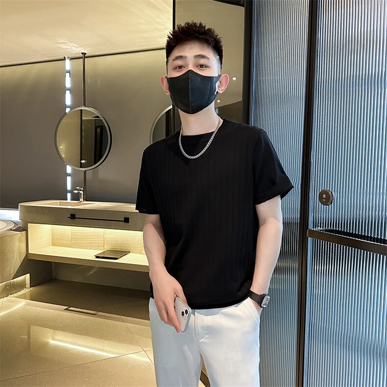 2026夏季短袖T恤圆领针织半袖坑条上衣纯色冰丝休闲上衣T0268-P50,男装T恤,电商D342