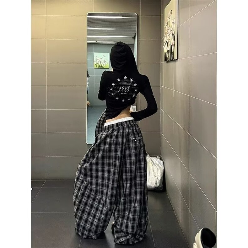 W10151-P48网图现货美式格子阔腿休闲裤慵懒宽松百搭拖地长裤,男装休闲裤,星座1608-2