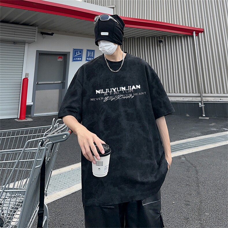 扎染印花短袖XY5559-TP4058高街宽松圆领半袖字母印花T恤衫,男装T恤,电商A102