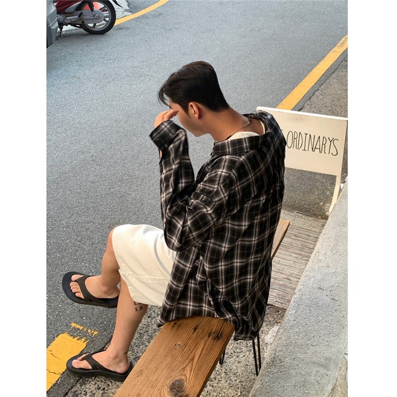 格子衬衫男长袖春季宽松休闲衬衣翻领复古cleanfit外套828P50,男装衬衫,星座710