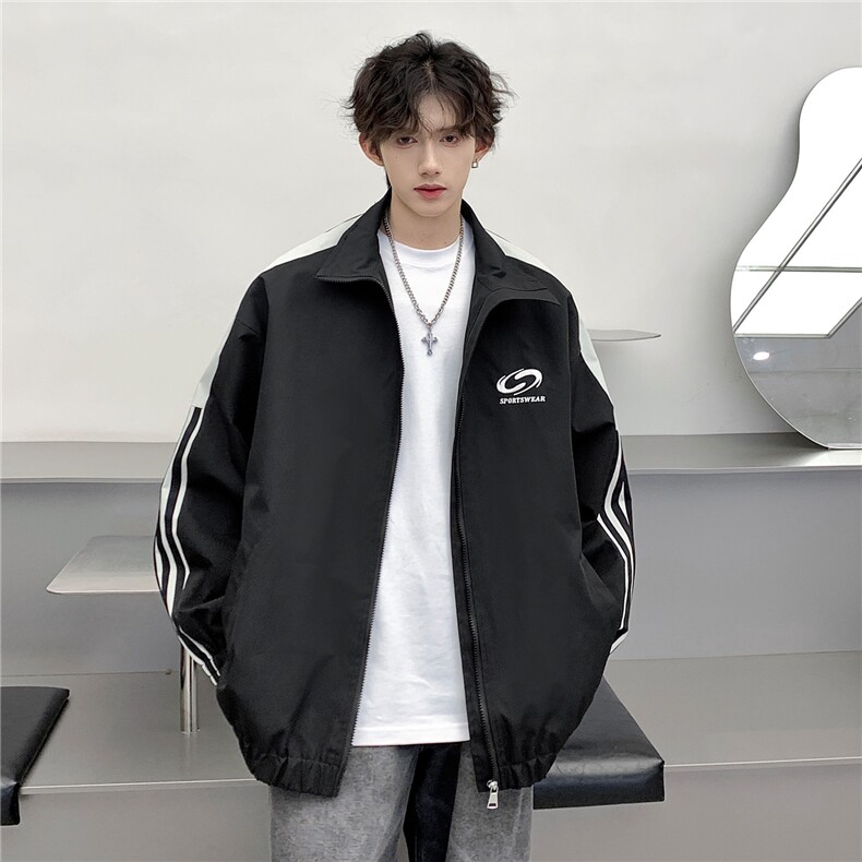 港风2026秋装新款宽松撞色大码夹克男装秋季绣花开衫外套S342-P88图片