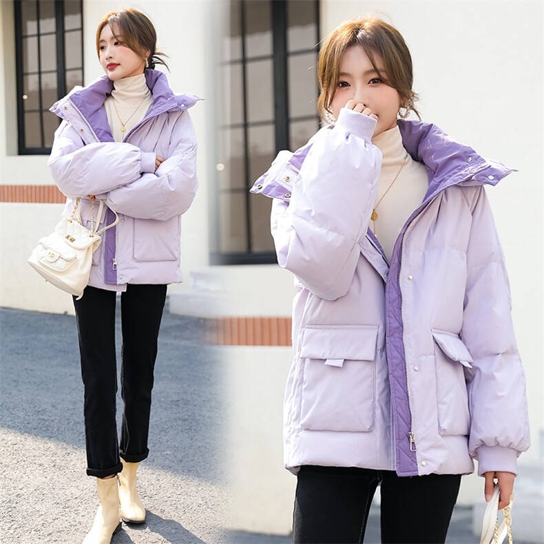 【现货】加厚冬季短款羽绒服女纯色面包服连帽撞色拼接潮图片