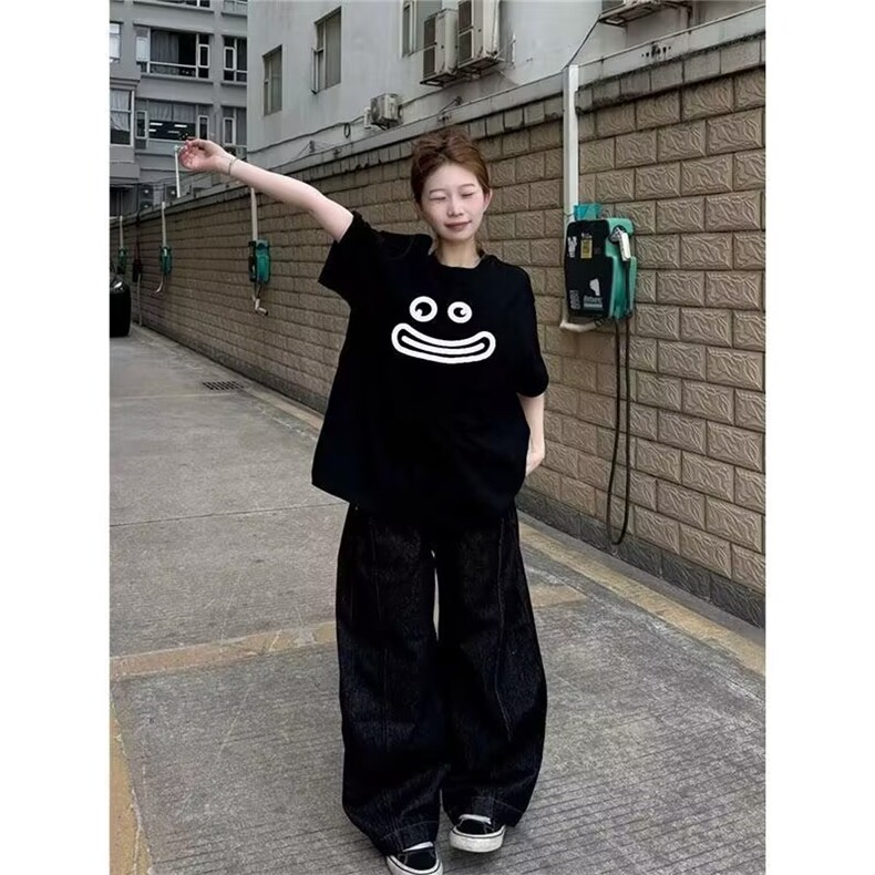 纯棉240G美式高街黑色短袖t恤女夏新款设计感学生宽松慵懒风半袖图片