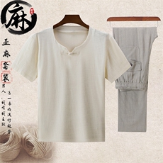 主推大货男高品质中老年风亚麻套装短袖T恤亚麻长裤套装，男装中老年男装，钱塘723