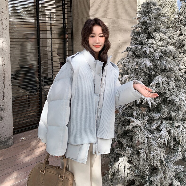 现货2D078-8130-P295K428针织连帽围巾豆腐块中长款羽绒服50绒,女装羽绒服,2D078