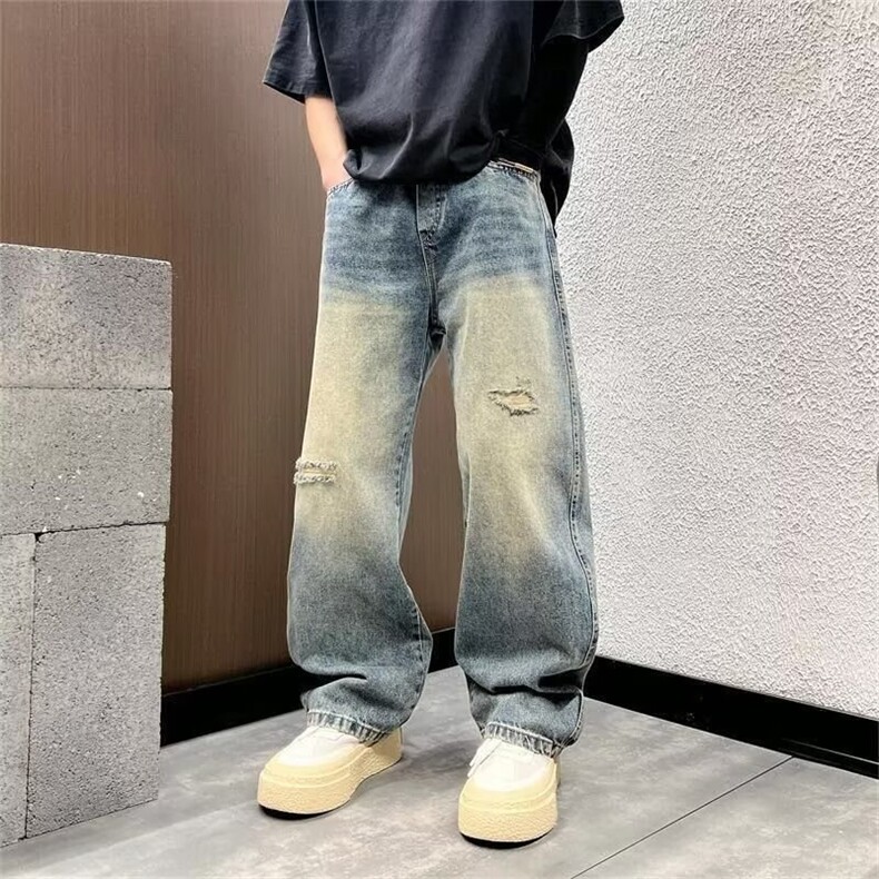 牛仔裤男士潮牌宽松直筒裤春秋季美式破洞垫布水洗百搭阔腿长裤子，男装牛仔裤，星座813-2