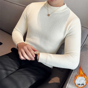 一体绒加厚针织衫 暗花修身半高领长袖毛衣针织打底衫男96005-p68图片