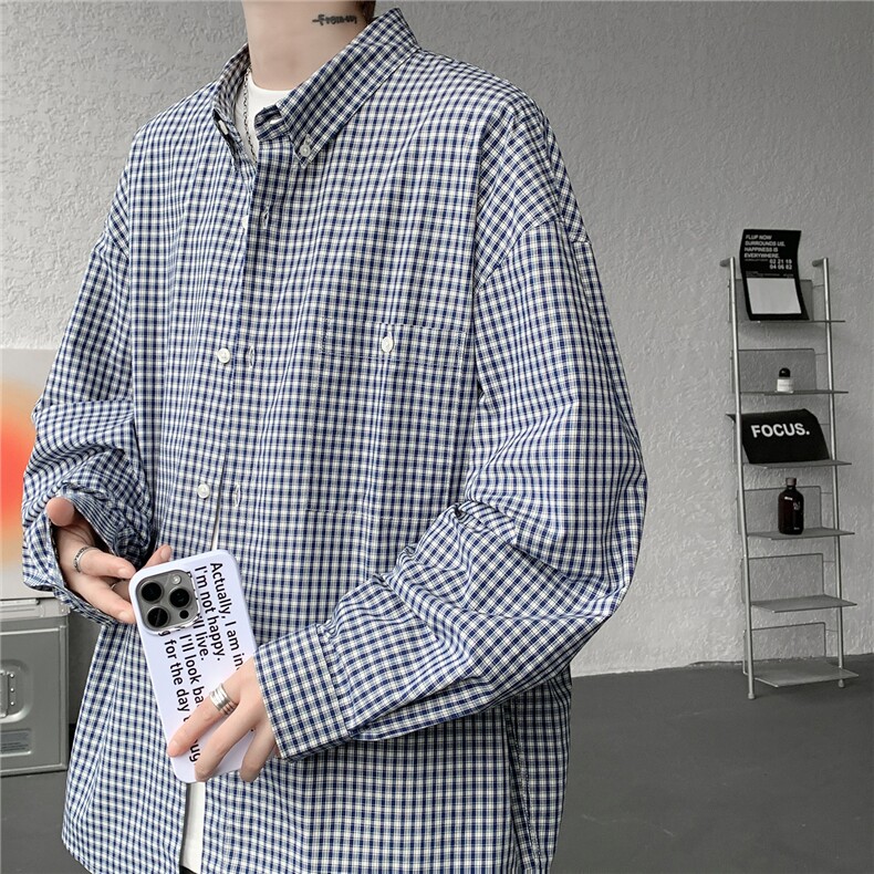 8XL-Mmiu系穿搭复古蓝格子衬衫男宽松纯棉长袖衬衣男CS540-P45,男装衬衫,电商D206-1