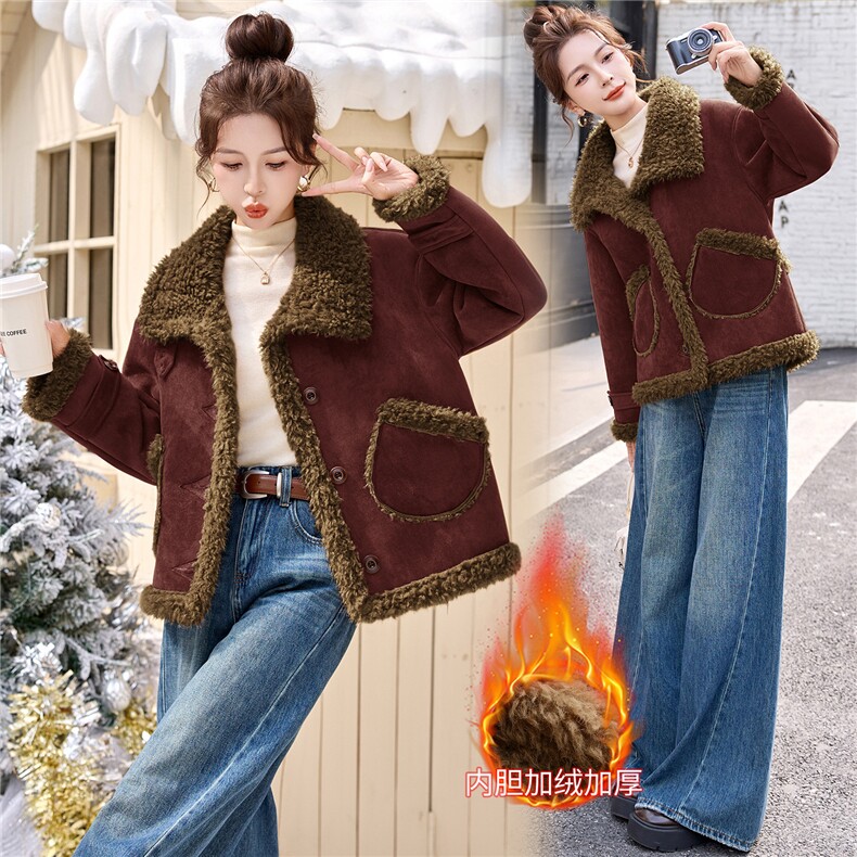时尚立翻两用衣领斜绒里明袋加绒加厚皮毛一体外套2673P150,女装棉衣/棉服,乐衣轩