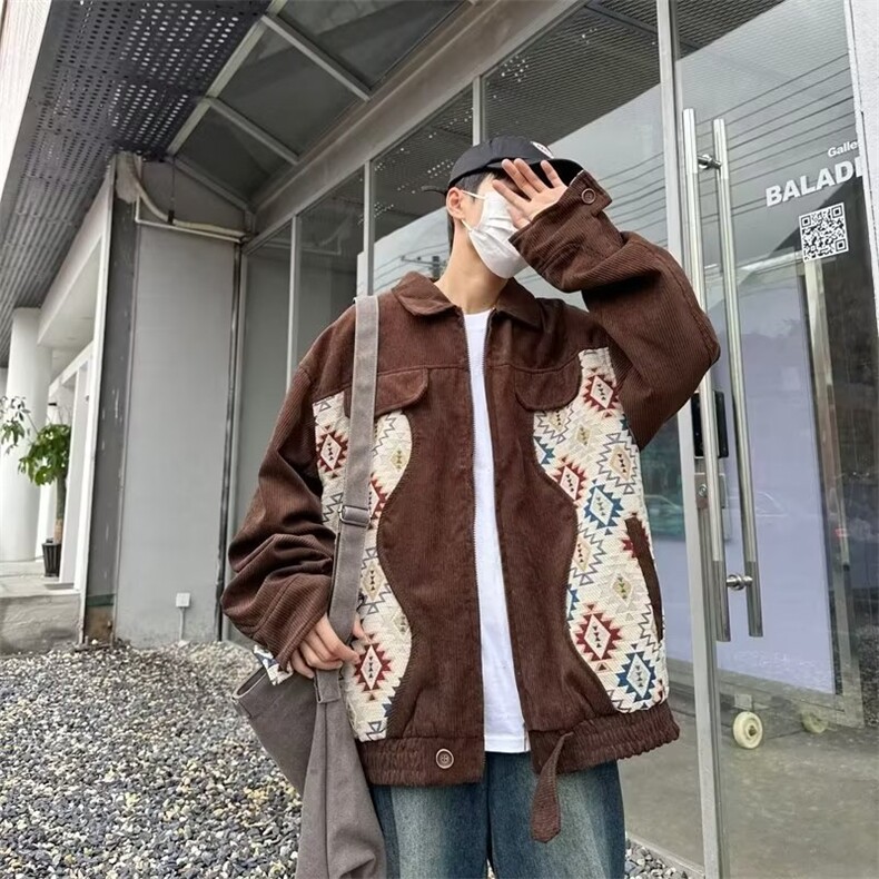 美式潮灯芯绒拼接翻领夹克男秋季宽松情侣百搭休闲外套个性 WT533图片