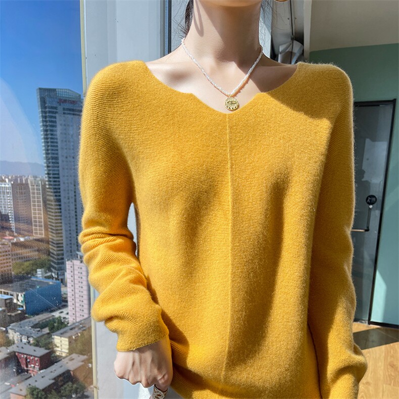秋冬新款纯色V领衫女套头提花毛衣100羊毛针织减龄百搭打底衫,女装羊毛衫,魅途羊绒
