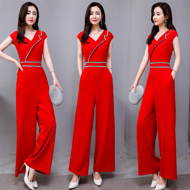 2021夏季新款时尚红色V领连体裤显瘦高腰阔腿裤，女装连体裤，韩蜜菓