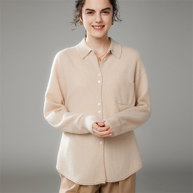 2025年秋季新款宽松带兜POLO领针织羊绒衬衣时尚休闲通勤百搭，女装羊绒衫，珍丝贝尔