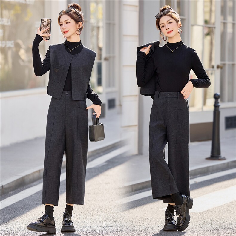 【bao款早春格雷灰系列】2026春装休闲马甲八分裤针织打底三件套，女装套装/套裙，雅静靓衣