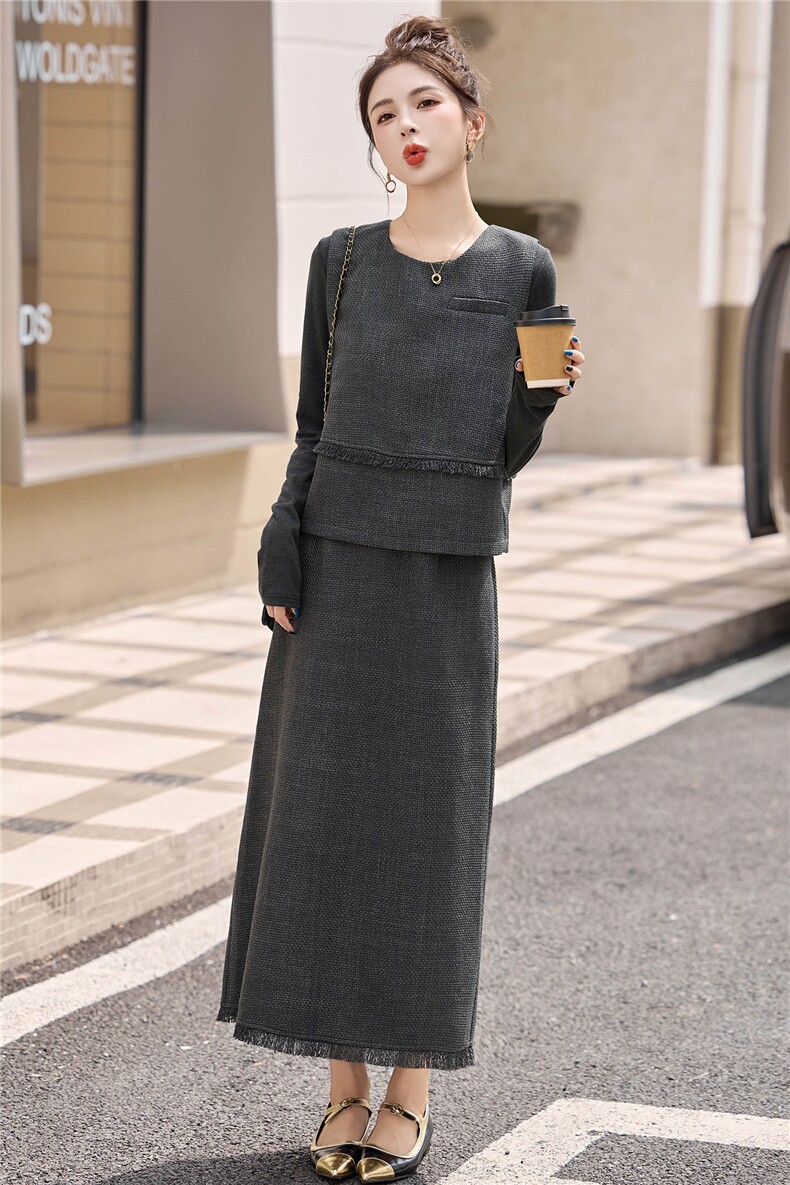 2025春秋季新款时尚套装女灰色长袖上衣显瘦洋气半身裙两件套,女装套装/套裙,丽影随形