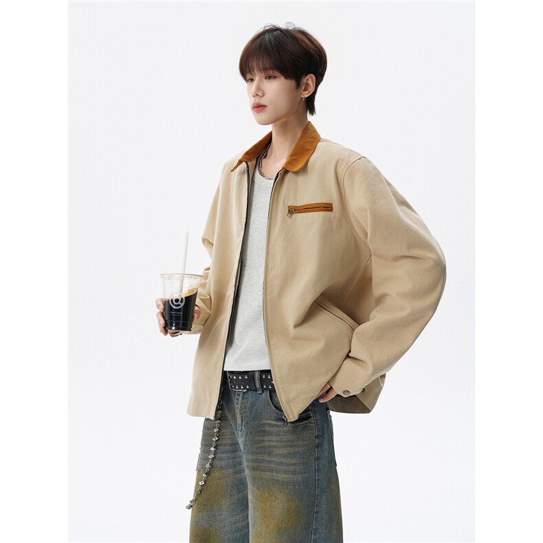 撞色水洗做旧帆布短款夹克男款vintage美式复古工装休闲外套JK003,男装夹克,电商B312