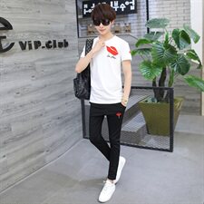2021夏季男圆领短袖九分裤套装刺绣男韩版修身棉T恤A112-t704-P60，男装套装，星座1206（原A206）