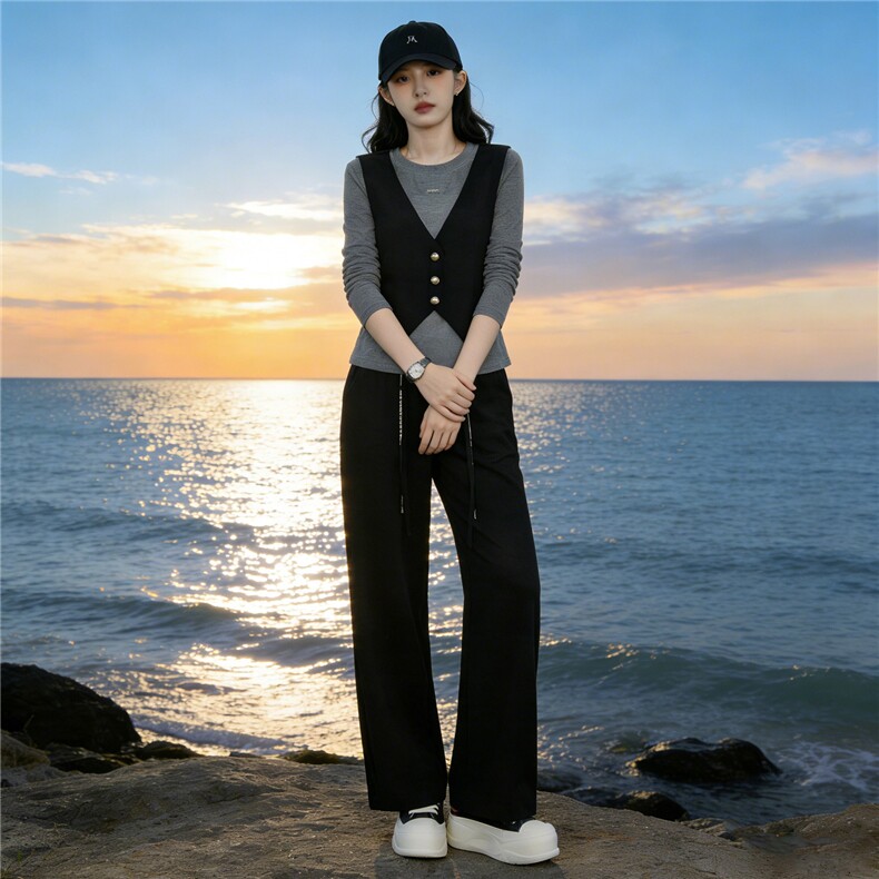 慵懒风通勤休闲运动套装女春季新款洋气减龄长袖上衣阔腿裤两件套，女装套装/套裙，江南