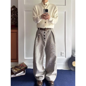 2025新款千鸟格复合打褶排扣a字阔腿西裤老钱风cleanfit通勤百搭图片