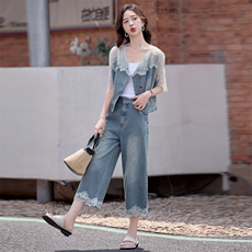 欧货蕾丝拼接牛仔套装女2025夏季新洋气减龄上衣阔腿七分裤两件套，女装套装/套裙，慕依路
