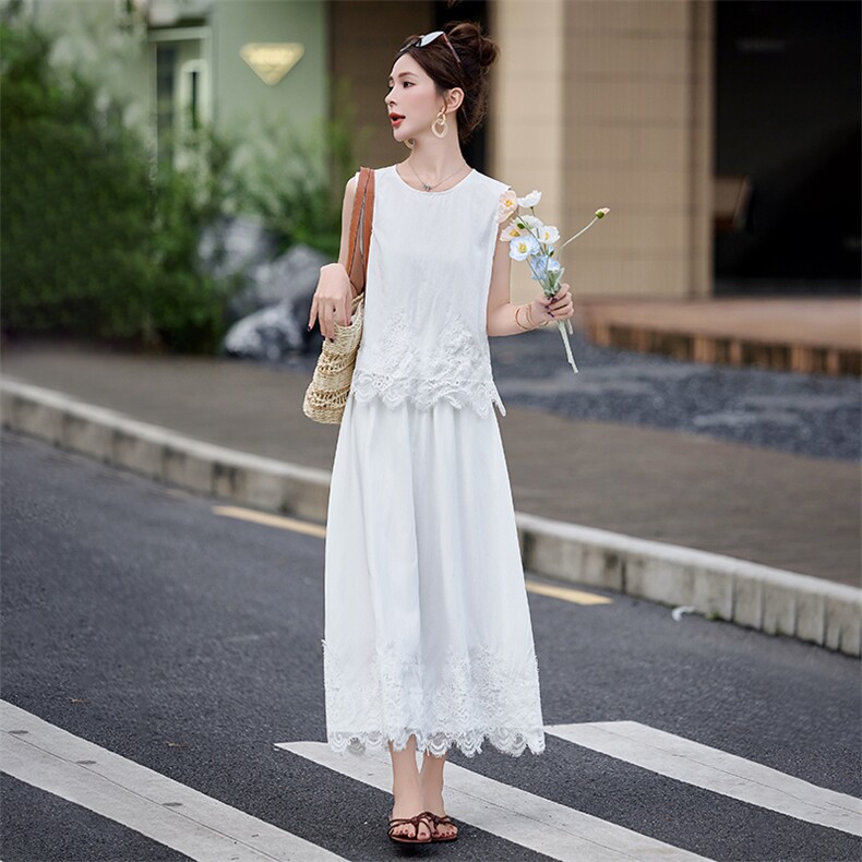 小香风气质蕾丝拼接套装裙女2025夏新款无袖背心上衣半身裙两件套,女装套装/套裙,韩蜜菓