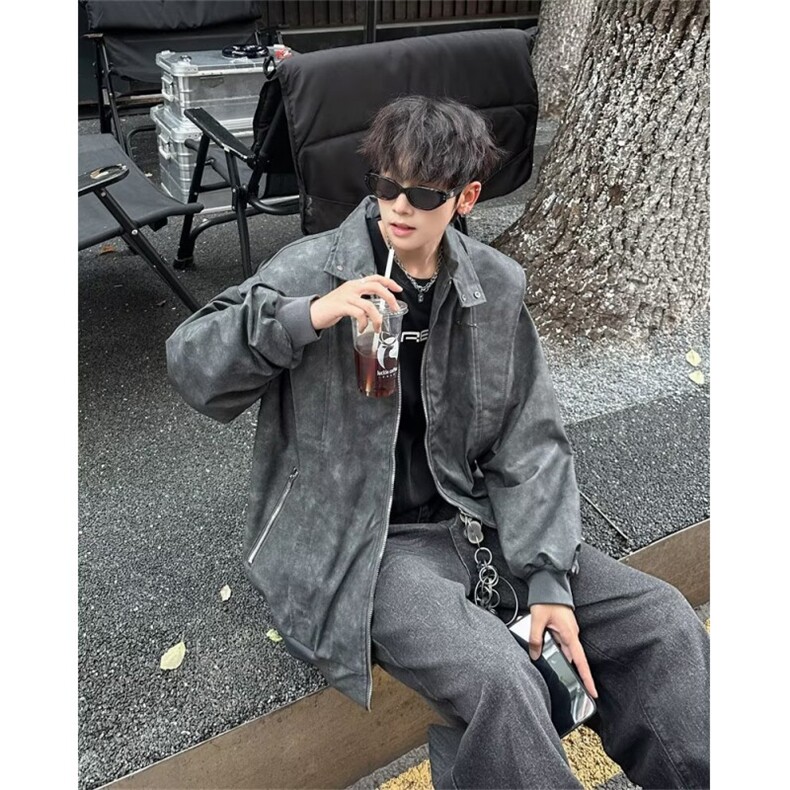 PU皮机车夹克男士流行个性上衣小众立领外套 YW194 P75图片