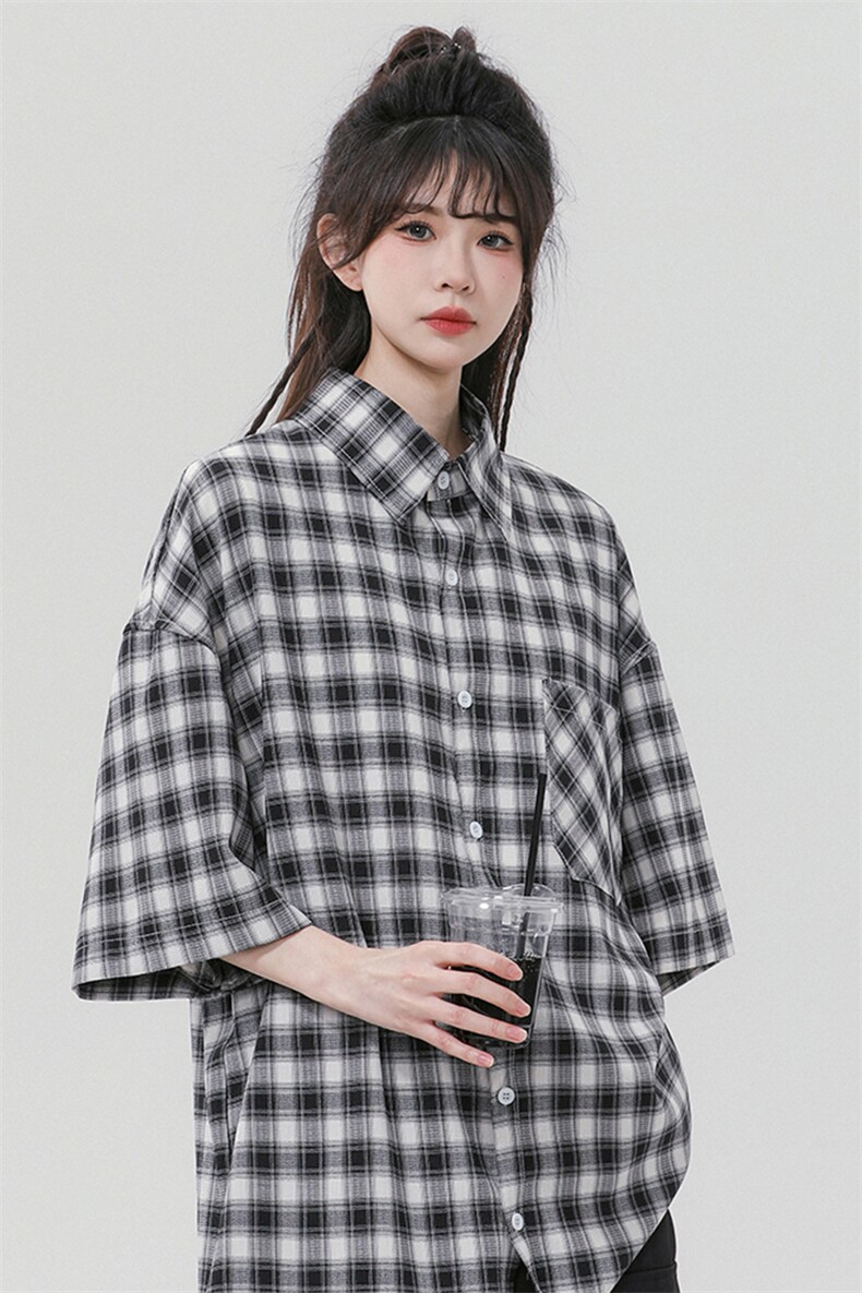 中性24夏款格子宽松翻领短袖衬衫TPS6223P38控58,男装T恤,电商A268