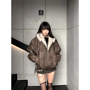 网图美式PU皮衣兔毛座山雕棉服外套W1871/特P110