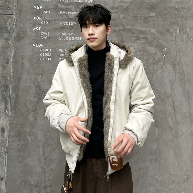座山雕大毛领棉服男 帆布美式加绒加厚连帽外套 12255-p108图片