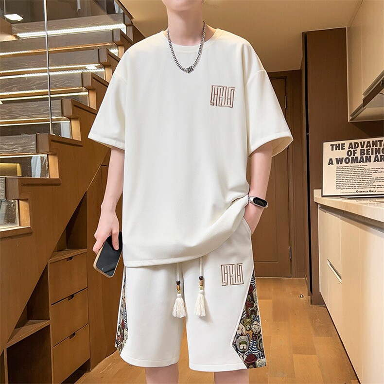 刺绣夏季休闲运动套装男T恤短裤两件套拼接青年A266-TZ7758-P48,男装牛仔裤,电商A266