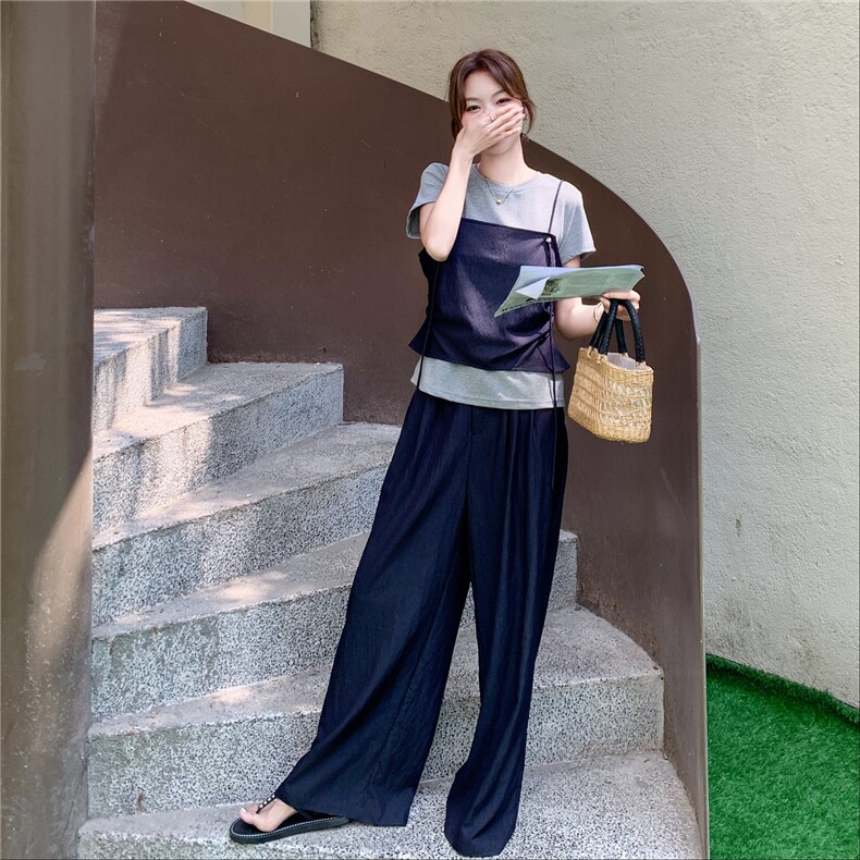 韩系休闲穿搭三件套女士2025夏季新款圆领短袖显瘦吊带阔腿裤套装,女装套装/套裙,2C166