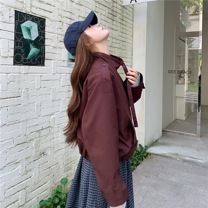 复古红色短款风衣外套女2025秋季新款高级感英伦风小个子夹克上衣,女装短外套,2C307