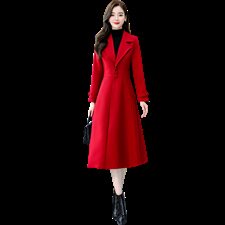 红色中长款双面羊绒大衣女秋冬显瘦本命年洋气西装领风衣毛呢外套，女装风衣，凝聚力