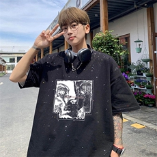 可48小时发货支持抖音得物来样二开美式满天星亮片短袖T恤MTX657，男装T恤，电商A486-1