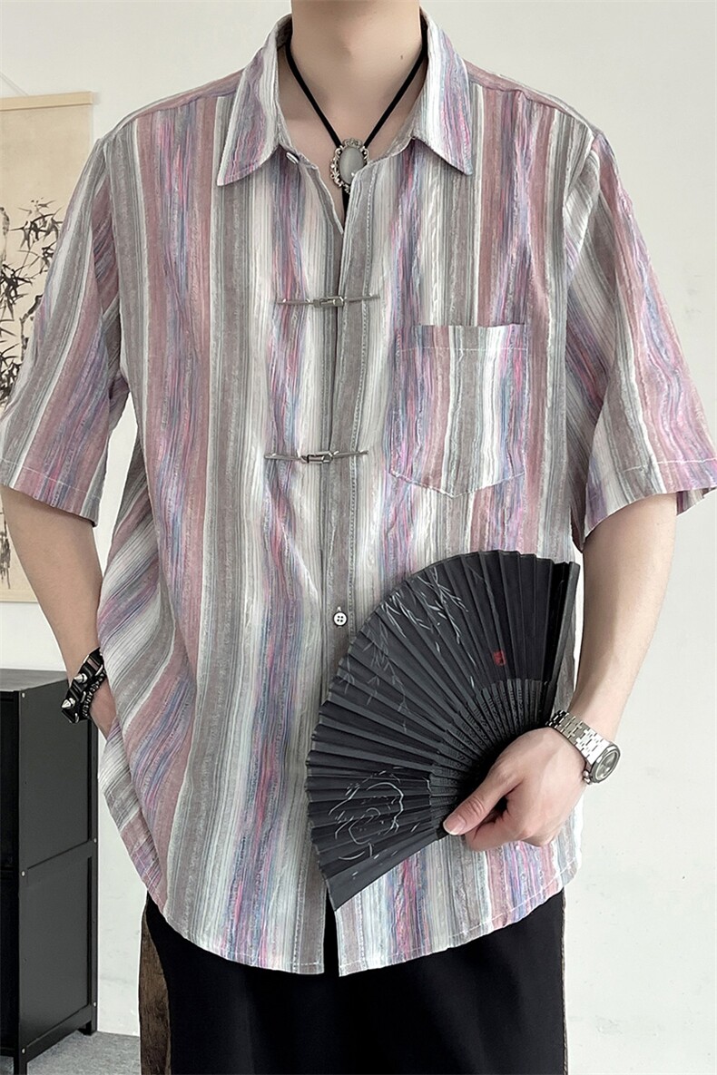 新中式金属扣子风潮T恤短袖民族男士衬衫时尚衬衣T2422-P65,男装衬衫,电商A227