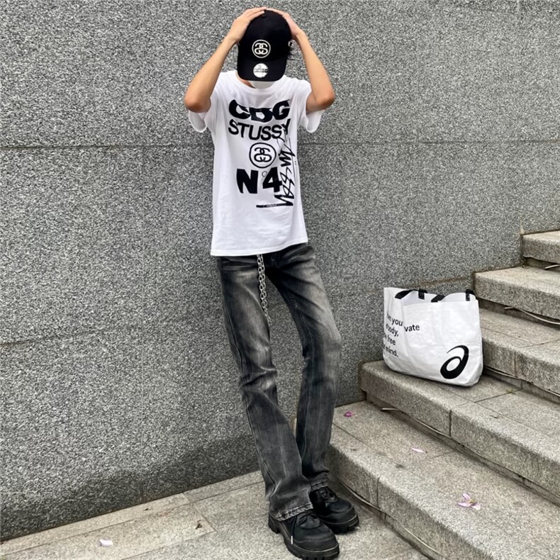 潮耐磨扎花牛仔裤黑水洗喇叭牛仔布长裤青少年K7083-P45网图,男装牛仔裤,电商B245